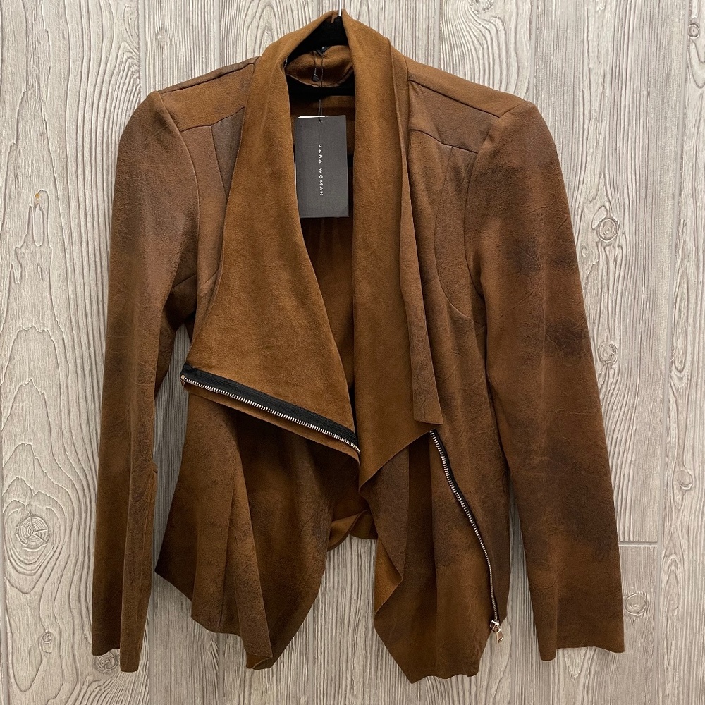 ZARA Draped Faux Suede Moto Jacket Brown Size Large